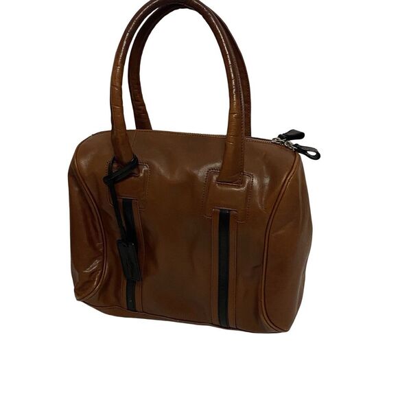 Halogen Brown Black Leather ‎ Tote Bag Handbag Purse Satchel - Picture 1 of 12